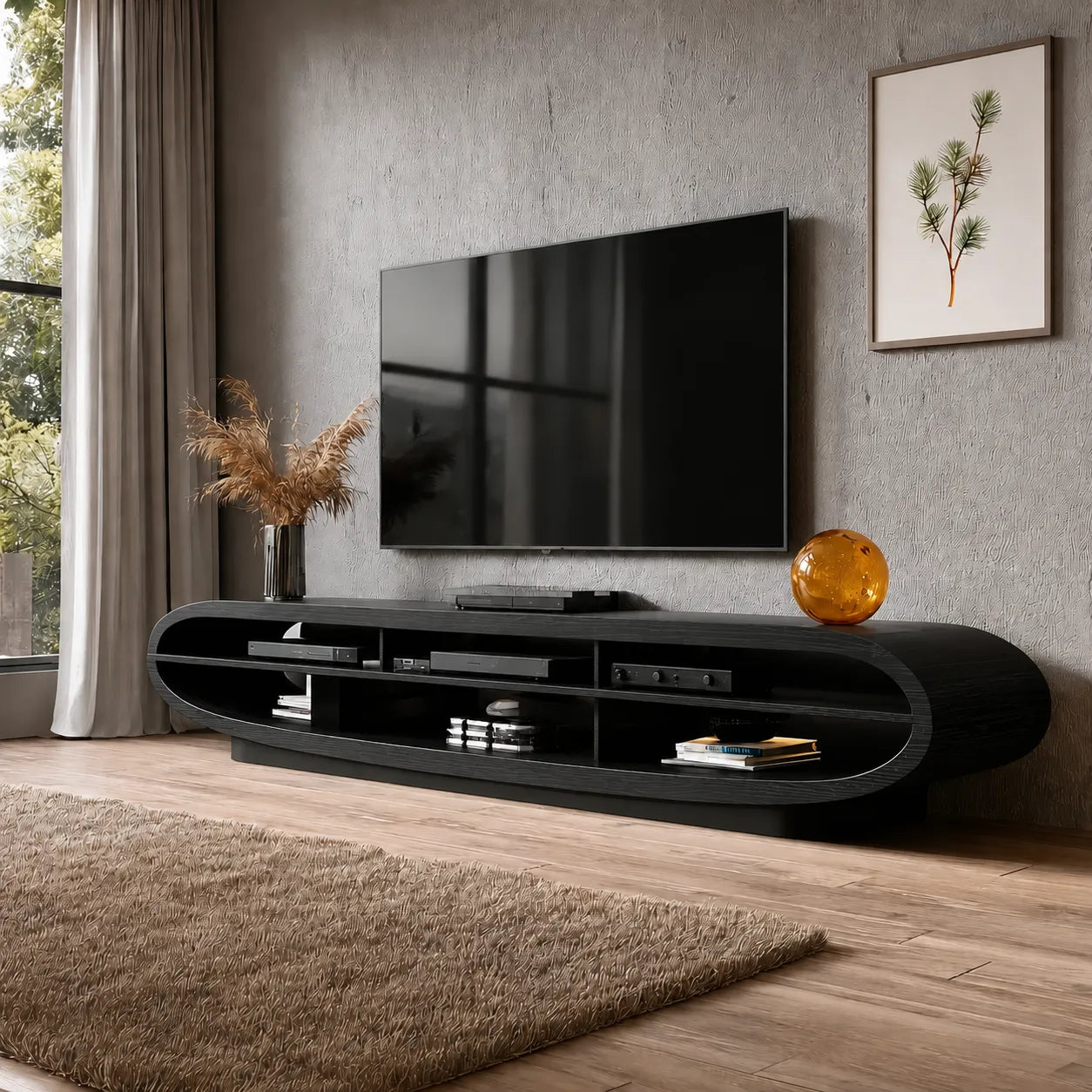 Curved Natural Solid Wood TV Stand with Open Media Console Storage - Livewoodcraft - 6