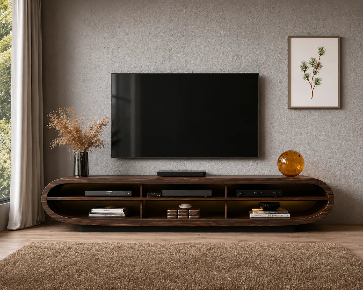 Curved Natural Solid Wood TV Stand with Open Media Console Storage - Livewoodcraft - 7