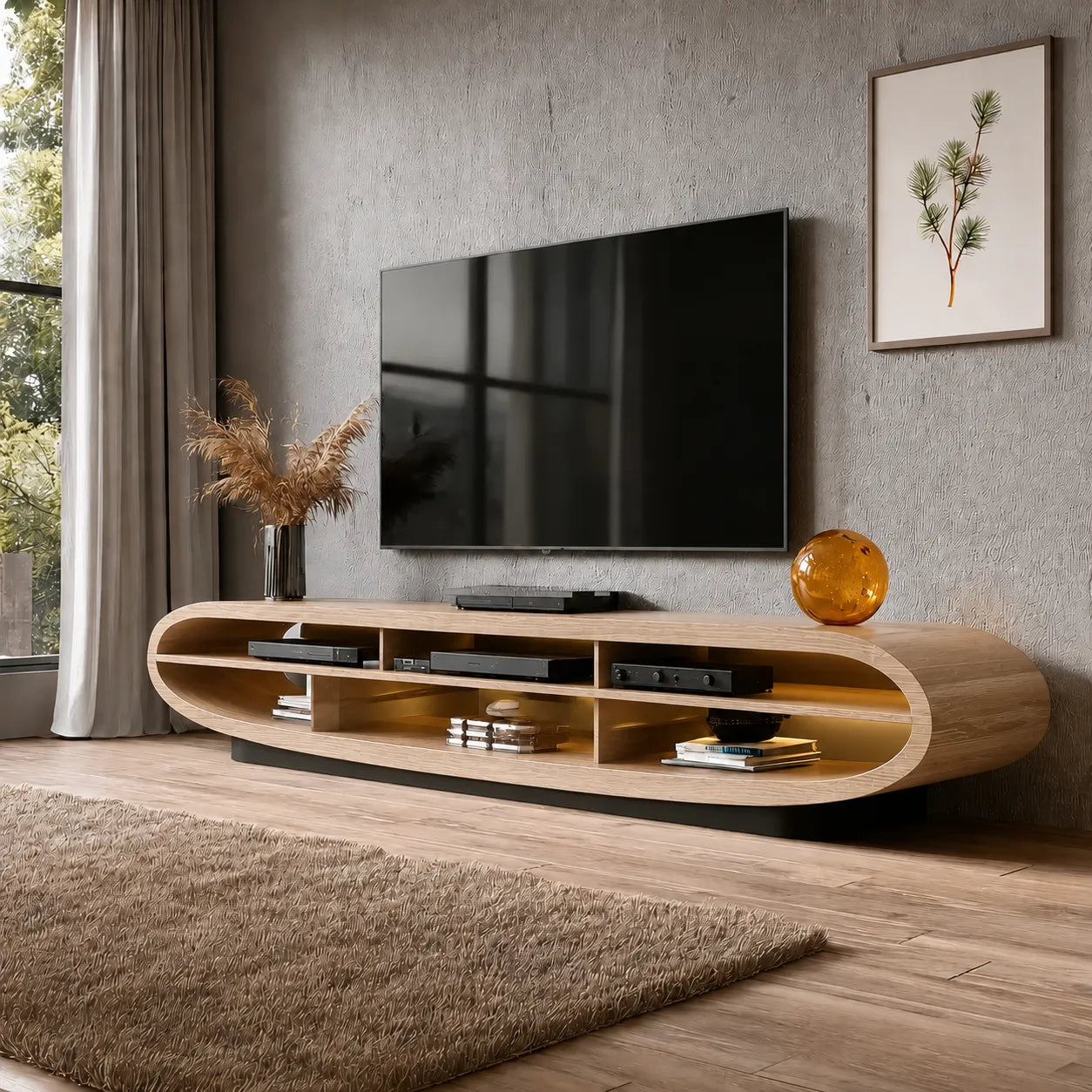 Curved Natural Solid Wood TV Stand with Open Media Console Storage - Livewoodcraft - 8