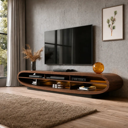 Curved Natural Solid Wood TV Stand with Open Media Console Storage - Livewoodcraft - 9