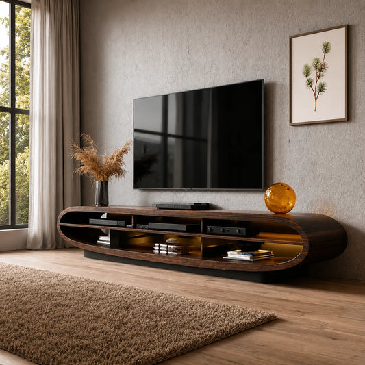 Curved Natural Solid Wood TV Stand with Open Media Console Storage - Livewoodcraft