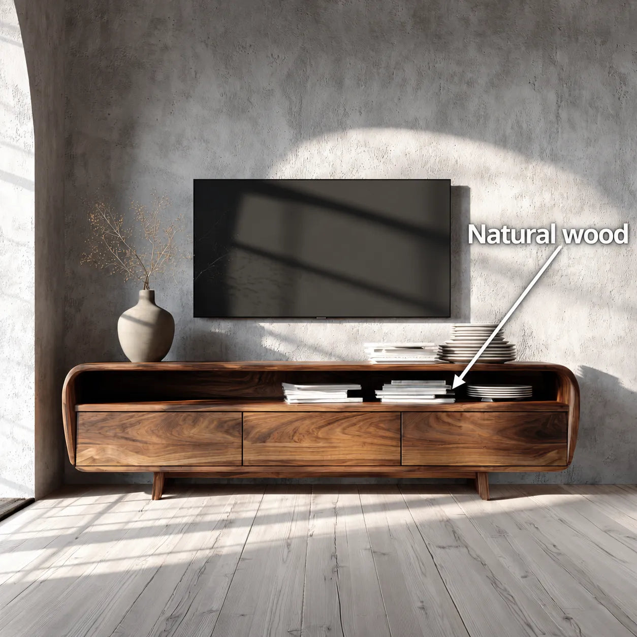 Curved Natural Solid Wood TV Stand with Open Shelf and 3 Drawers - Livewoodcraft - 10