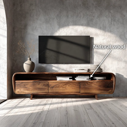 Curved Natural Solid Wood TV Stand with Open Shelf and 3 Drawers - Livewoodcraft - 10