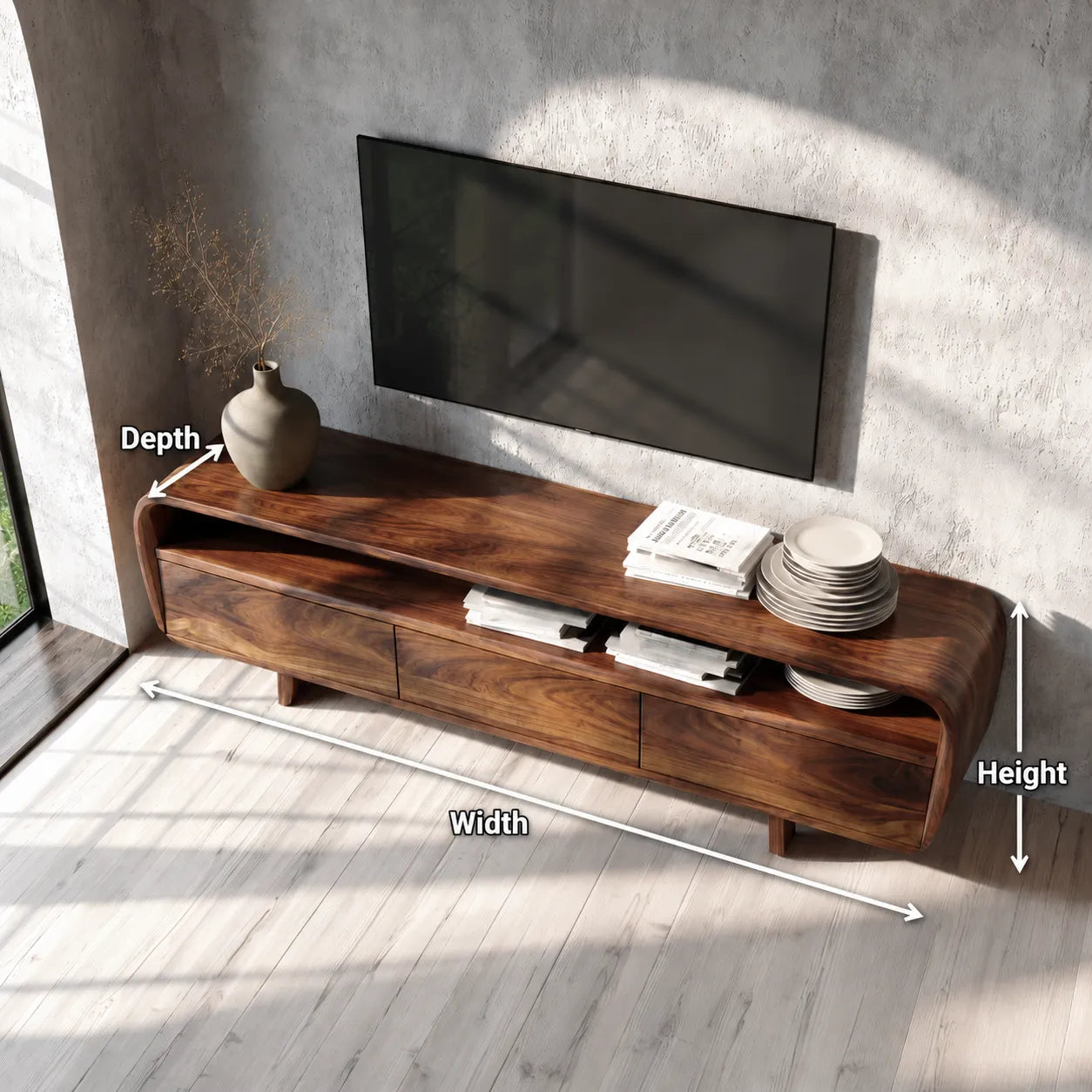 Curved Natural Solid Wood TV Stand with Open Shelf and 3 Drawers - Livewoodcraft - 11
