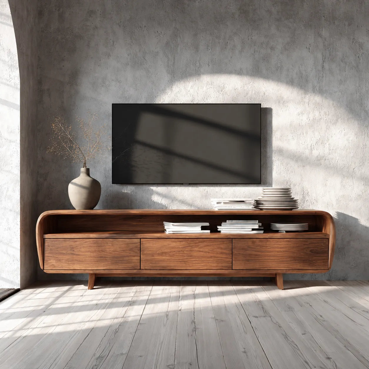 Curved Natural Solid Wood TV Stand with Open Shelf and 3 Drawers - Livewoodcraft - 2