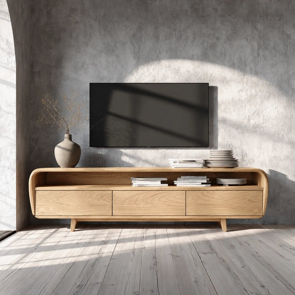 Curved Natural Solid Wood TV Stand with Open Shelf and 3 Drawers - Livewoodcraft - 3