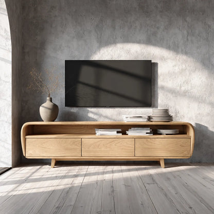 Curved Natural Solid Wood TV Stand with Open Shelf and 3 Drawers - Livewoodcraft - 3
