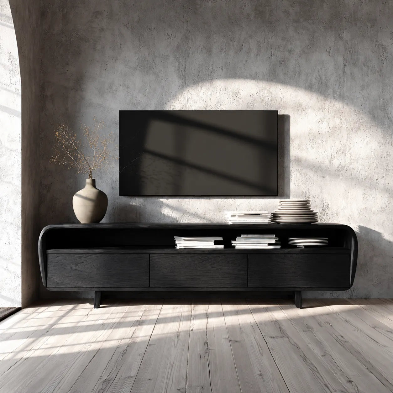 Curved Natural Solid Wood TV Stand with Open Shelf and 3 Drawers - Livewoodcraft - 4