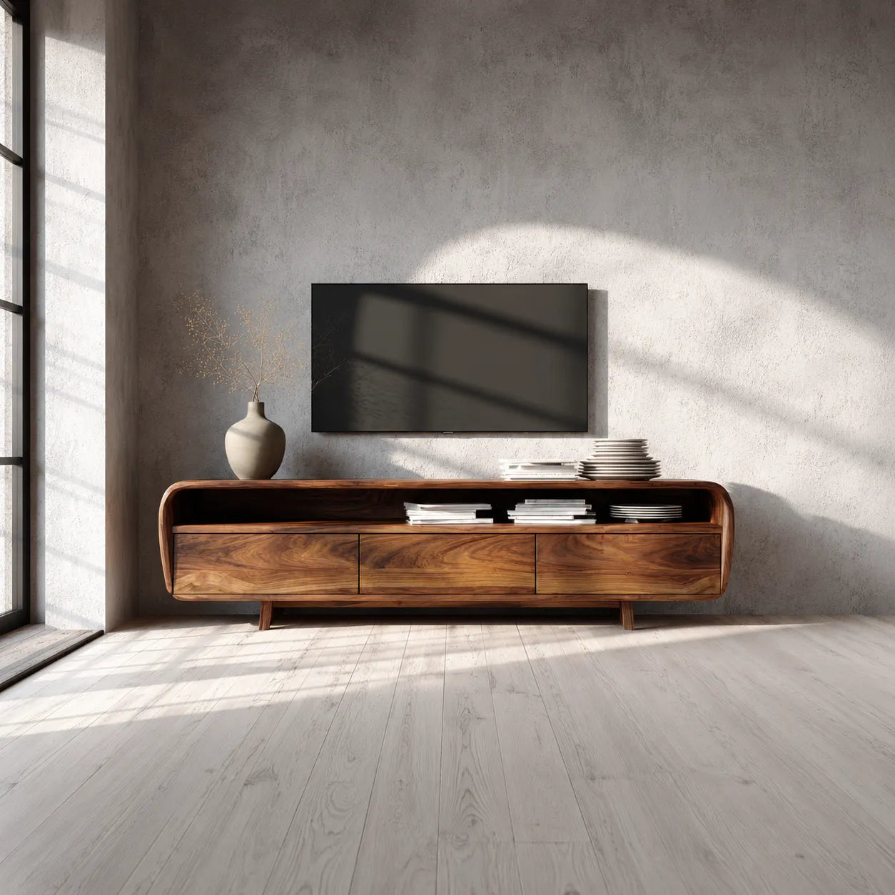 Curved Natural Solid Wood TV Stand with Open Shelf and 3 Drawers - Livewoodcraft - 5