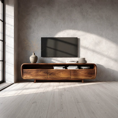 Curved Natural Solid Wood TV Stand with Open Shelf and 3 Drawers - Livewoodcraft - 5