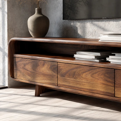 Curved Natural Solid Wood TV Stand with Open Shelf and 3 Drawers - Livewoodcraft - 6