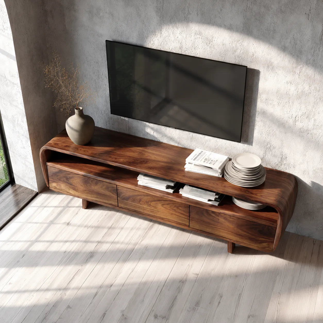 Curved Natural Solid Wood TV Stand with Open Shelf and 3 Drawers - Livewoodcraft - 7