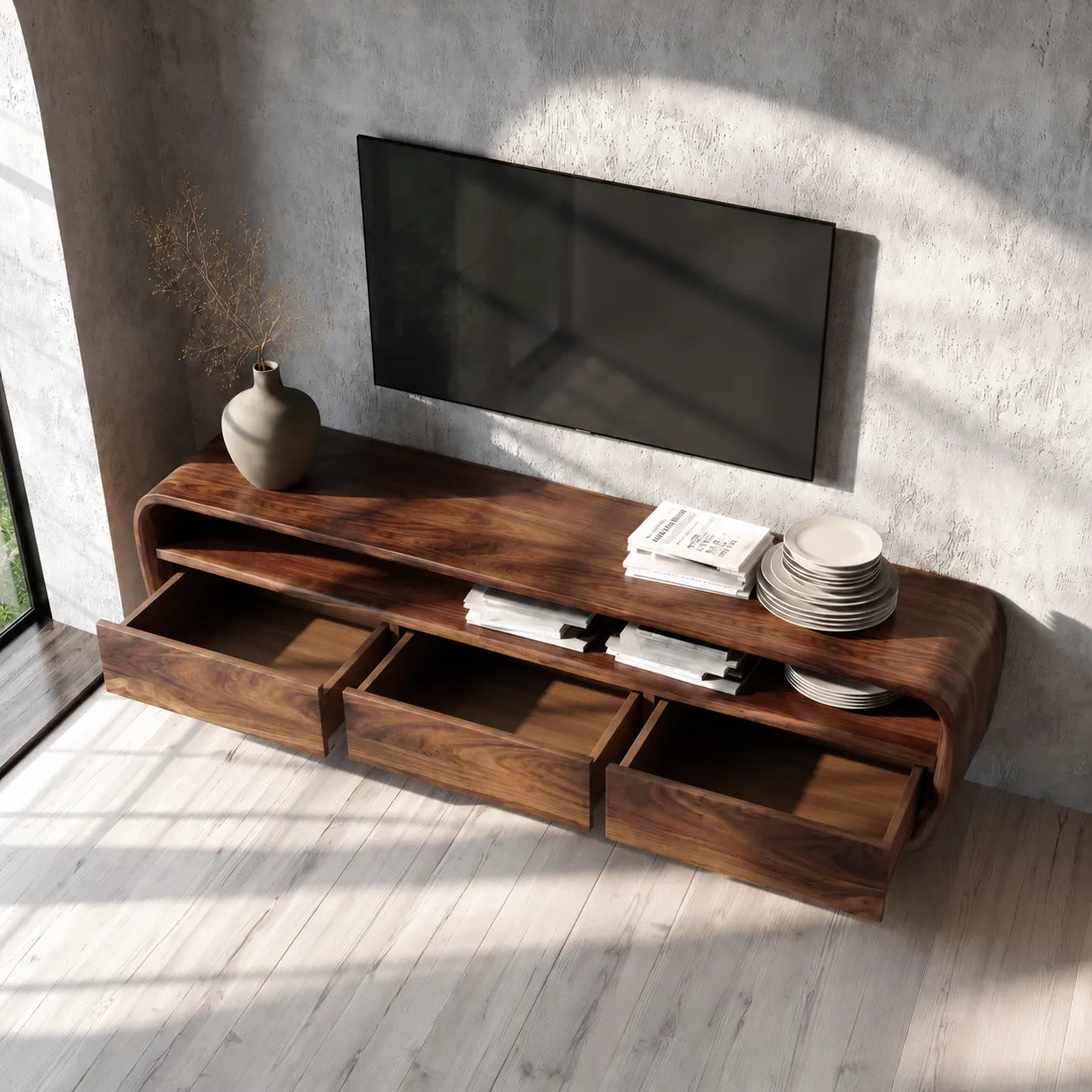 Curved Natural Solid Wood TV Stand with Open Shelf and 3 Drawers - Livewoodcraft - 8