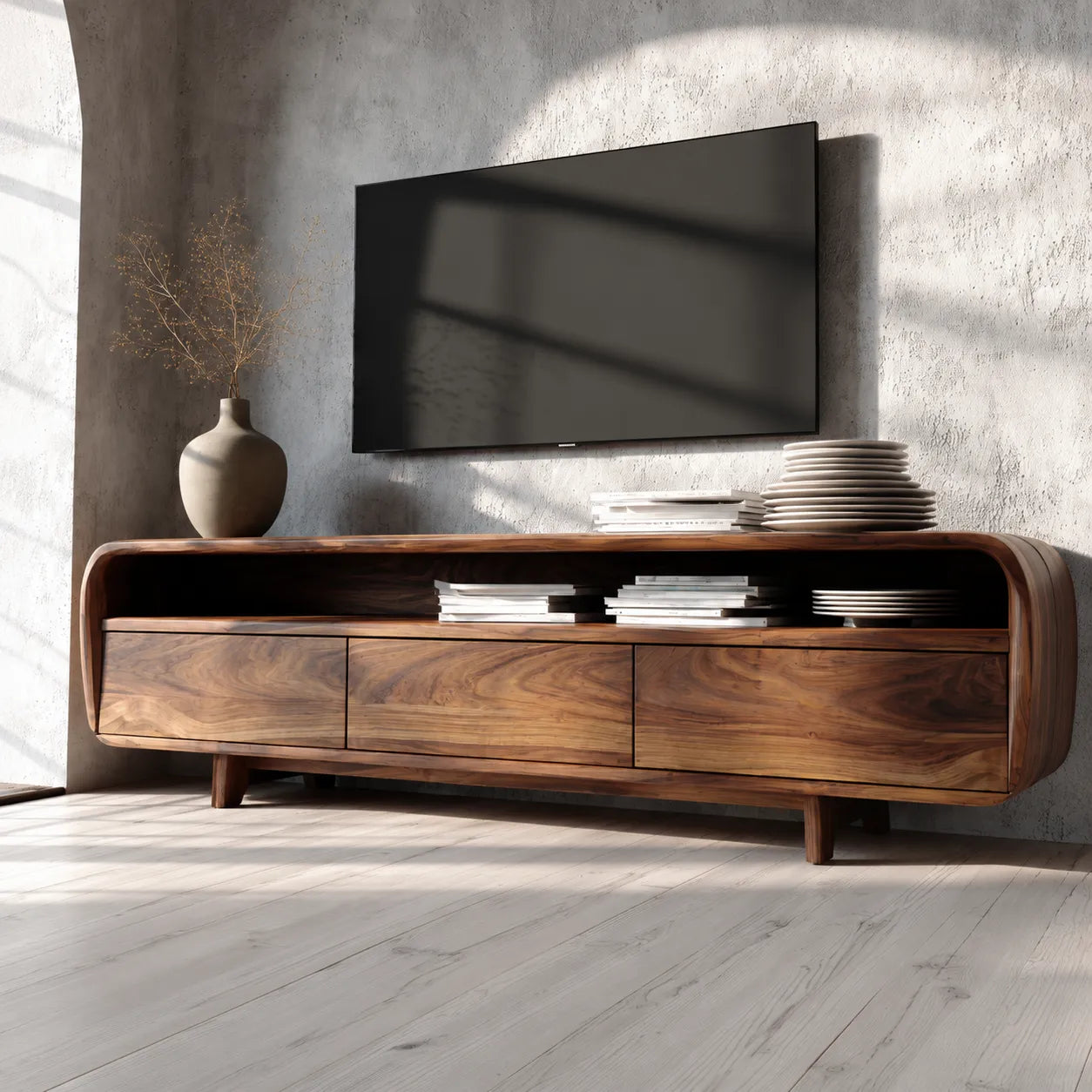 Curved Natural Solid Wood TV Stand with Open Shelf and 3 Drawers - Livewoodcraft - 9