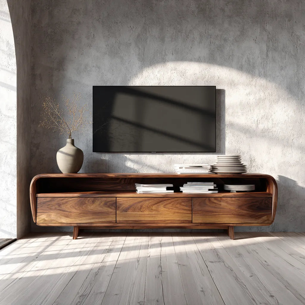 Curved Natural Solid Wood TV Stand with Open Shelf and 3 Drawers - Livewoodcraft
