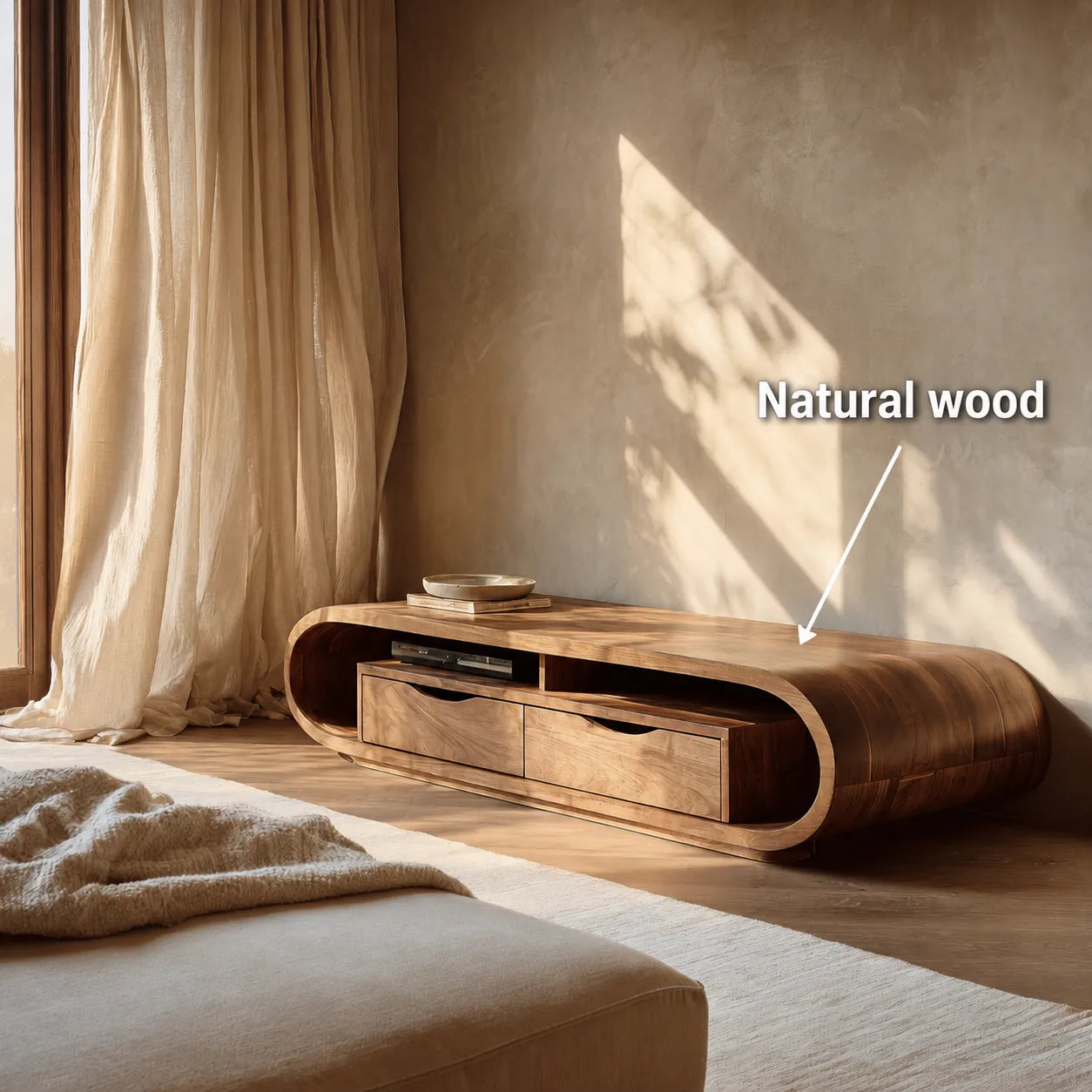 Curved Natural Solid Wood TV Stand with Open Shelf and Drawer Storage - Livewoodcraft - 11