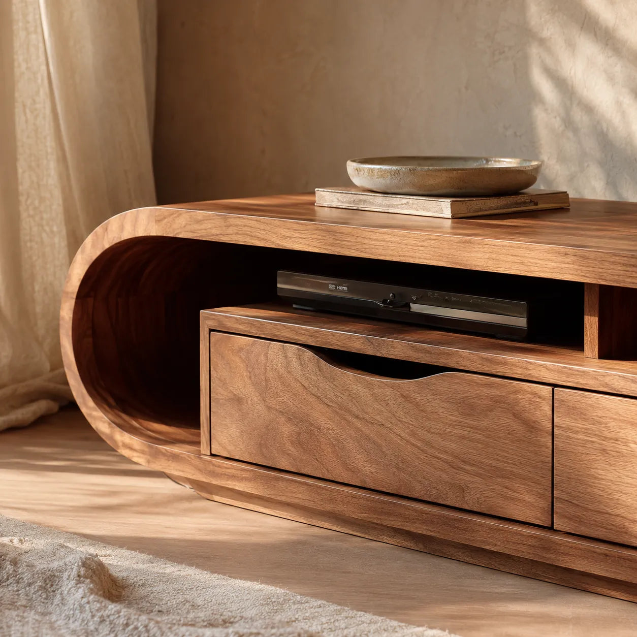 Curved Natural Solid Wood TV Stand with Open Shelf and Drawer Storage - Livewoodcraft - 6
