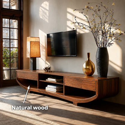 Curved Natural Solid Wood TV Stand with Open Shelves and Dual Drawers - Livewoodcraft - 10