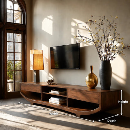 Curved Natural Solid Wood TV Stand with Open Shelves and Dual Drawers - Livewoodcraft - 11