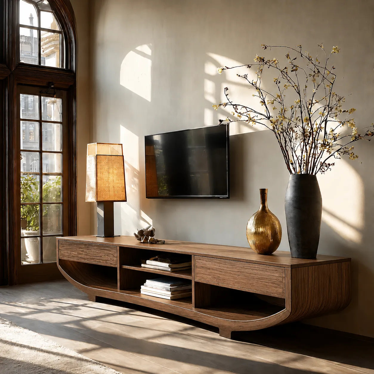 Curved Natural Solid Wood TV Stand with Open Shelves and Dual Drawers - Livewoodcraft - 2