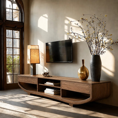 Curved Natural Solid Wood TV Stand with Open Shelves and Dual Drawers - Livewoodcraft - 2