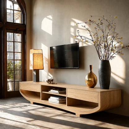 Curved Natural Solid Wood TV Stand with Open Shelves and Dual Drawers - Livewoodcraft - 3