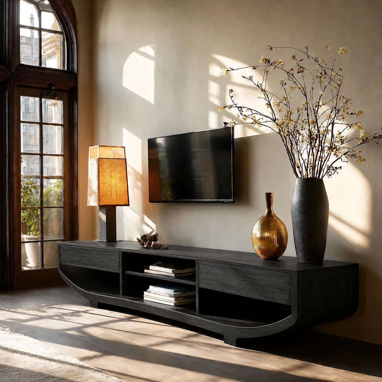 Curved Natural Solid Wood TV Stand with Open Shelves and Dual Drawers - Livewoodcraft - 4