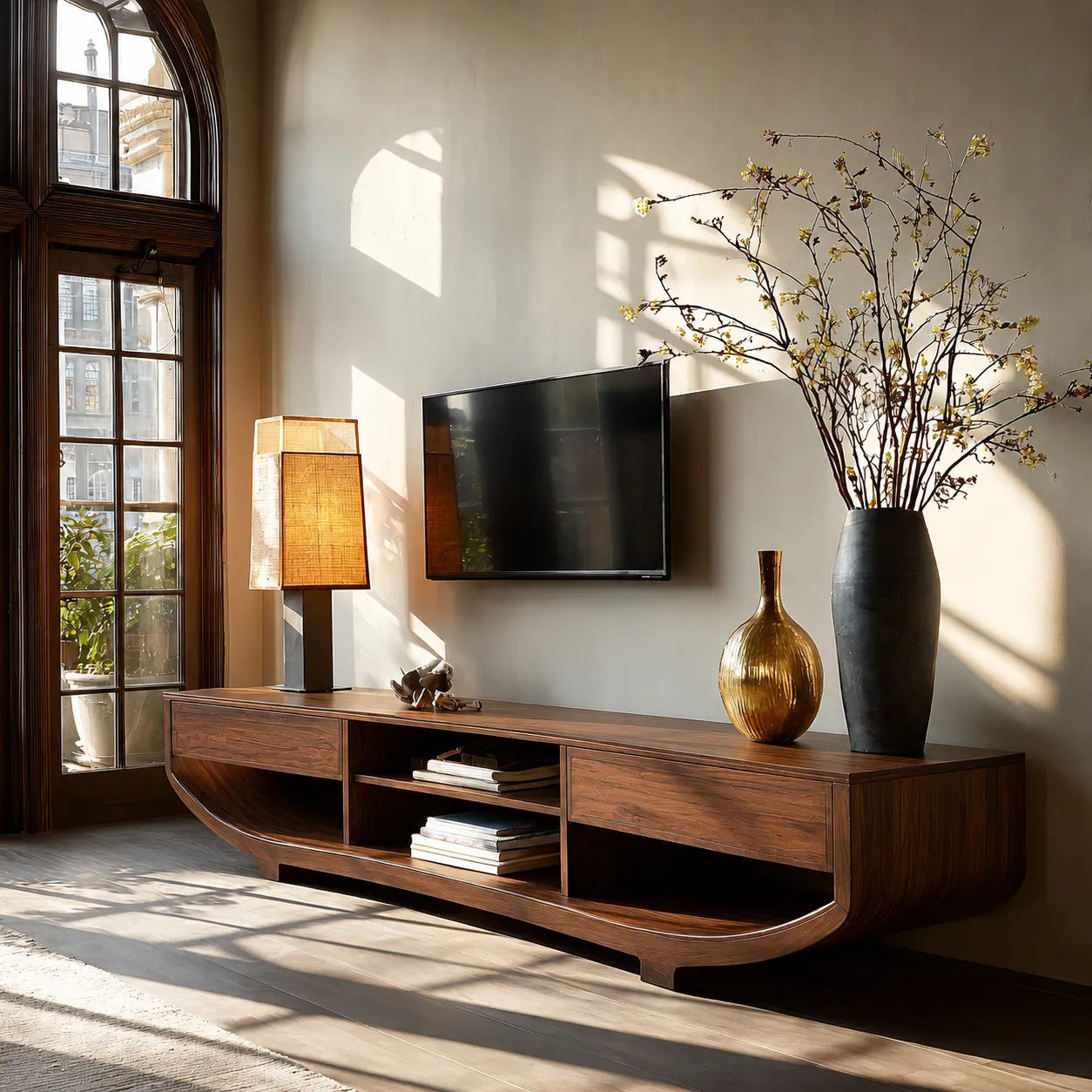 Curved Natural Solid Wood TV Stand with Open Shelves and Dual Drawers - Livewoodcraft - 5