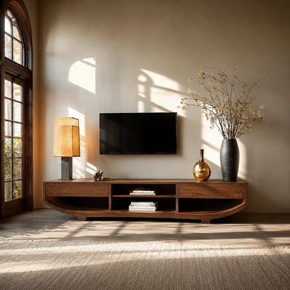 Curved Natural Solid Wood TV Stand with Open Shelves and Dual Drawers - Livewoodcraft - 6