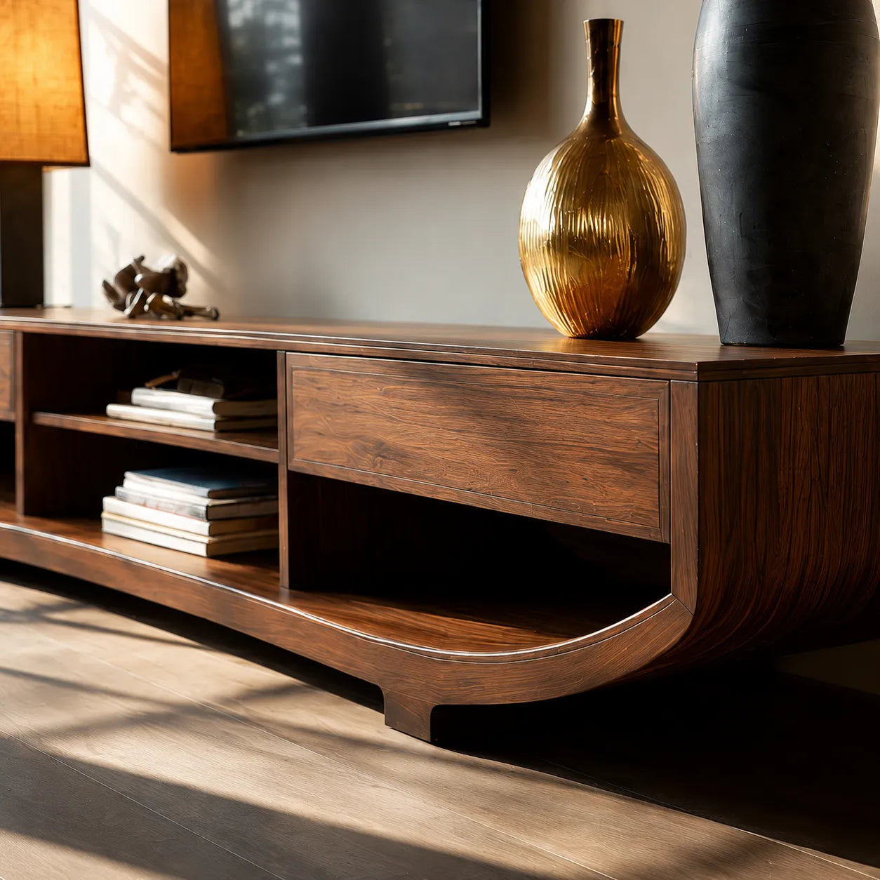 Curved Natural Solid Wood TV Stand with Open Shelves and Dual Drawers - Livewoodcraft - 7
