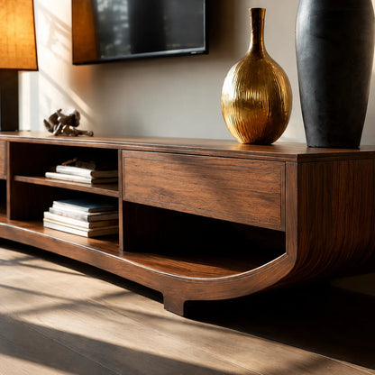 Curved Natural Solid Wood TV Stand with Open Shelves and Dual Drawers - Livewoodcraft - 7