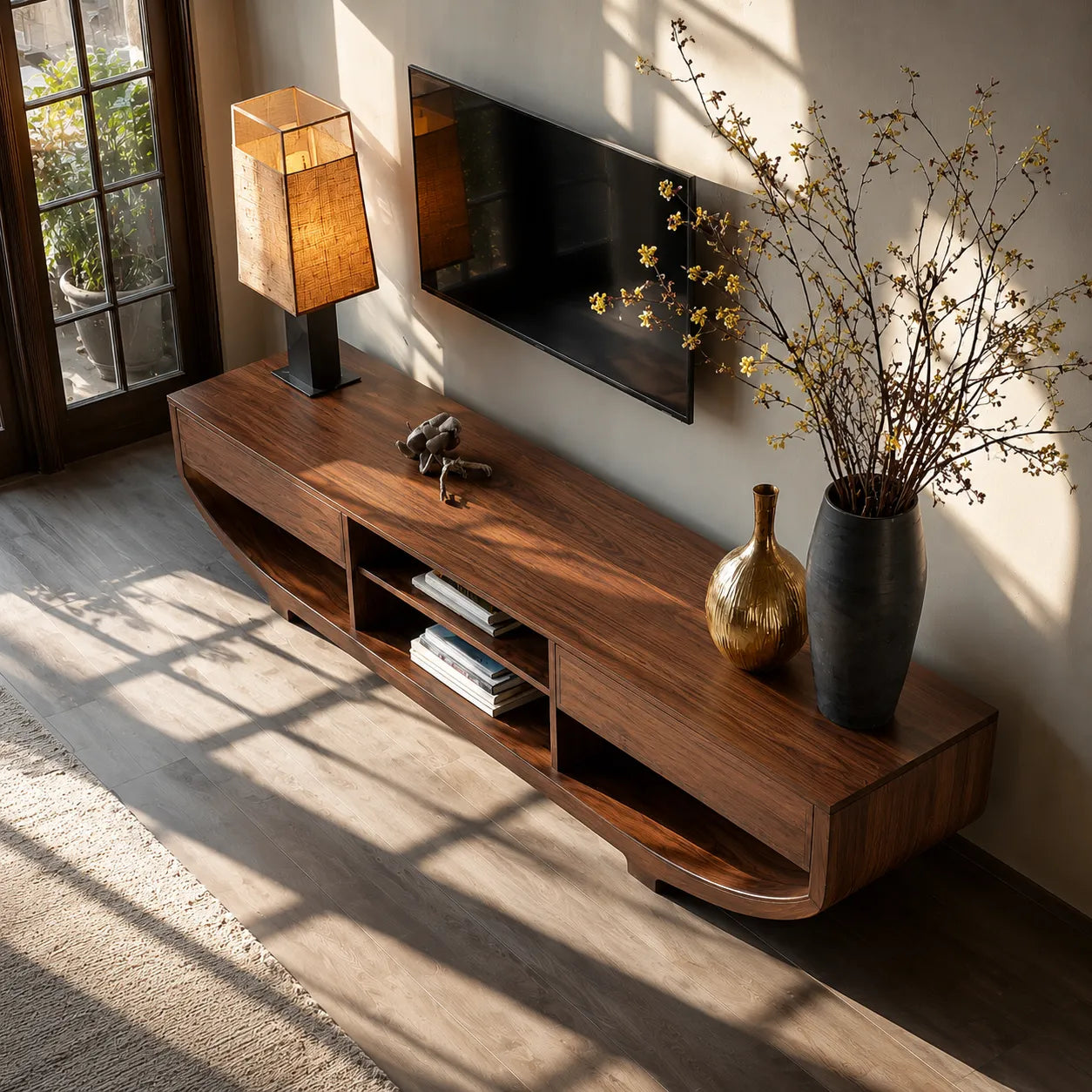 Curved Natural Solid Wood TV Stand with Open Shelves and Dual Drawers - Livewoodcraft - 8