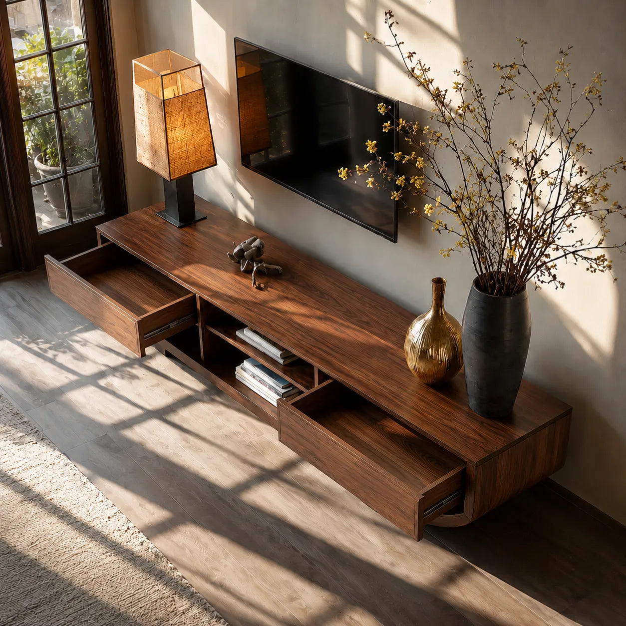 Curved Natural Solid Wood TV Stand with Open Shelves and Dual Drawers - Livewoodcraft - 9