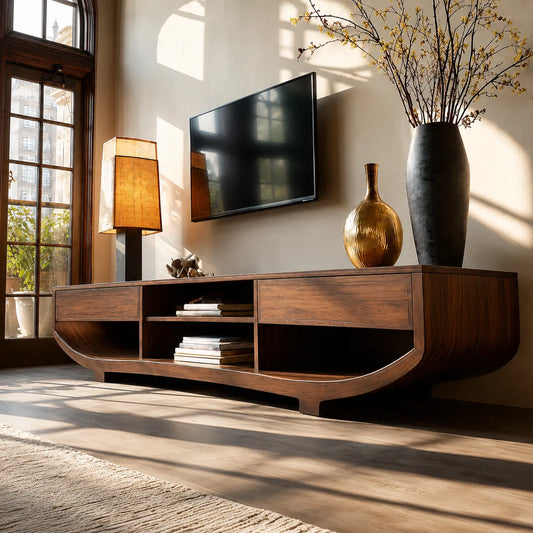Curved Natural Solid Wood TV Stand with Open Shelves and Dual Drawers - Livewoodcraft