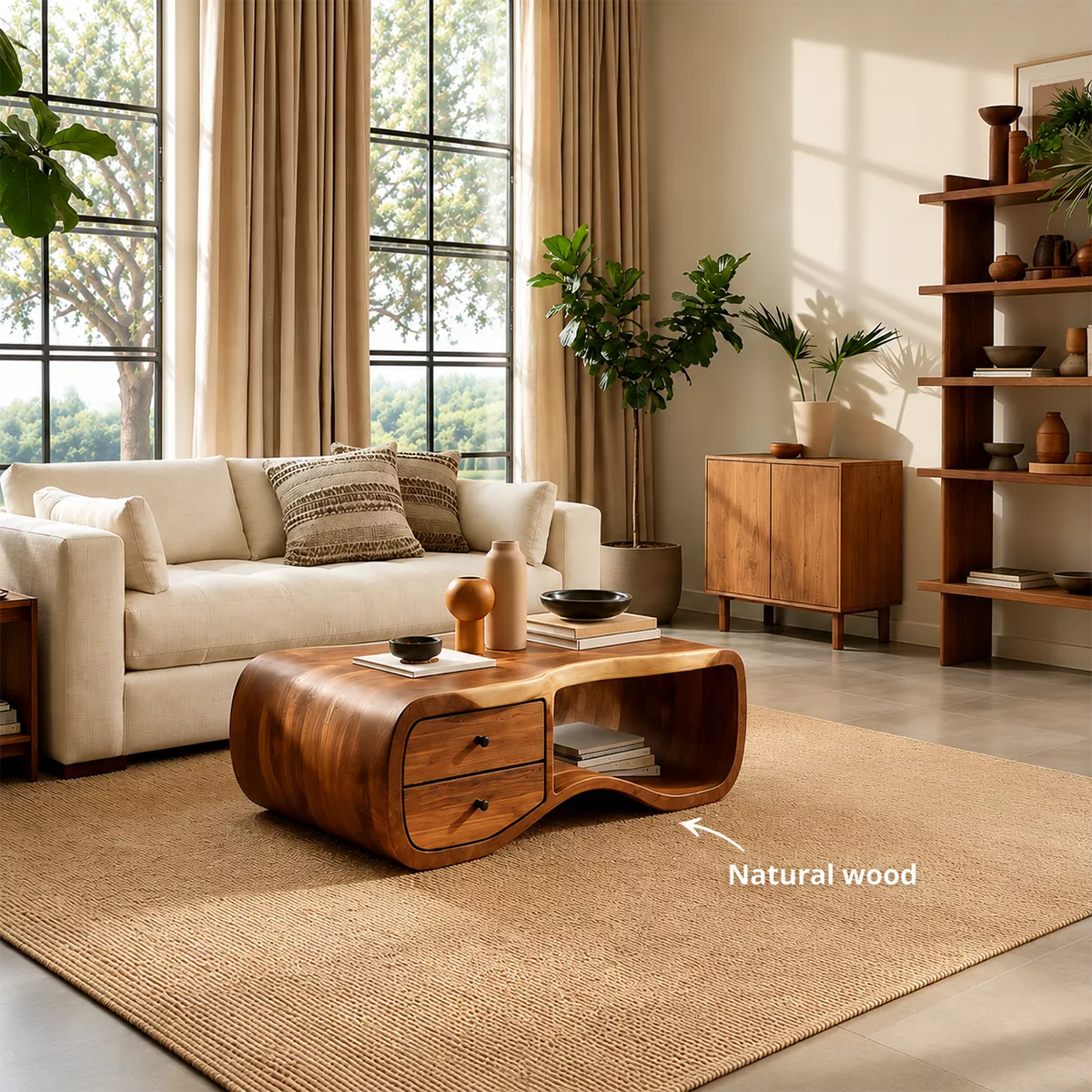 Curved Solid Wood Coffee Table With Double Storage Drawers Open Shelf And Rounded Waterfall Sides For Modern Living Room - Livewoodcraft - 10