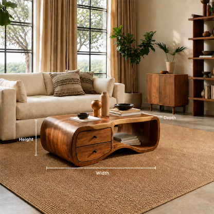 Curved Solid Wood Coffee Table With Double Storage Drawers Open Shelf And Rounded Waterfall Sides For Modern Living Room - Livewoodcraft - 11