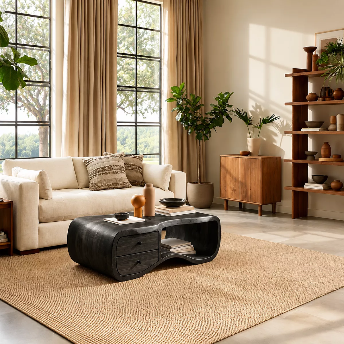 Curved Solid Wood Coffee Table With Double Storage Drawers Open Shelf And Rounded Waterfall Sides For Modern Living Room - Livewoodcraft - 2
