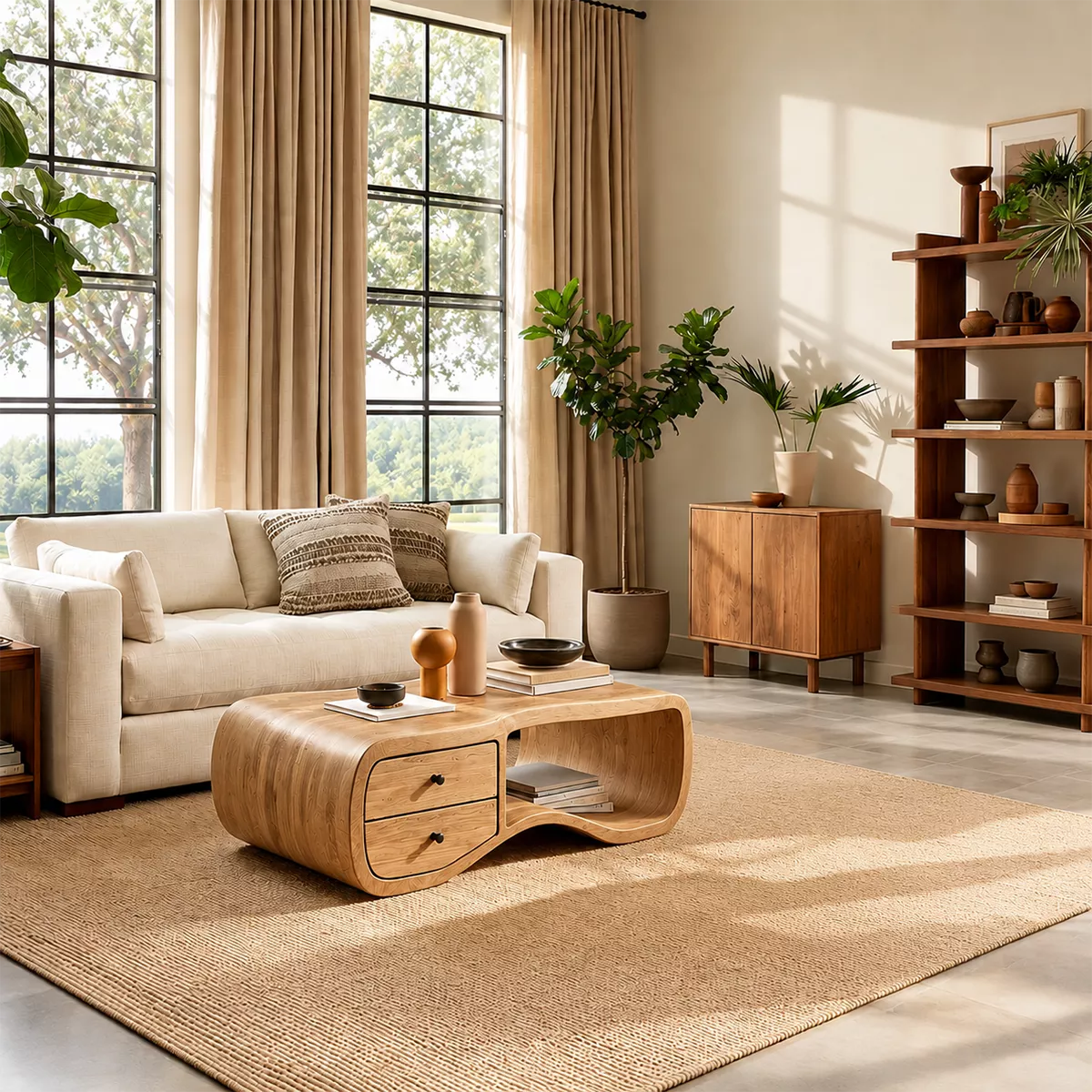 Curved Solid Wood Coffee Table With Double Storage Drawers Open Shelf And Rounded Waterfall Sides For Modern Living Room - Livewoodcraft - 3