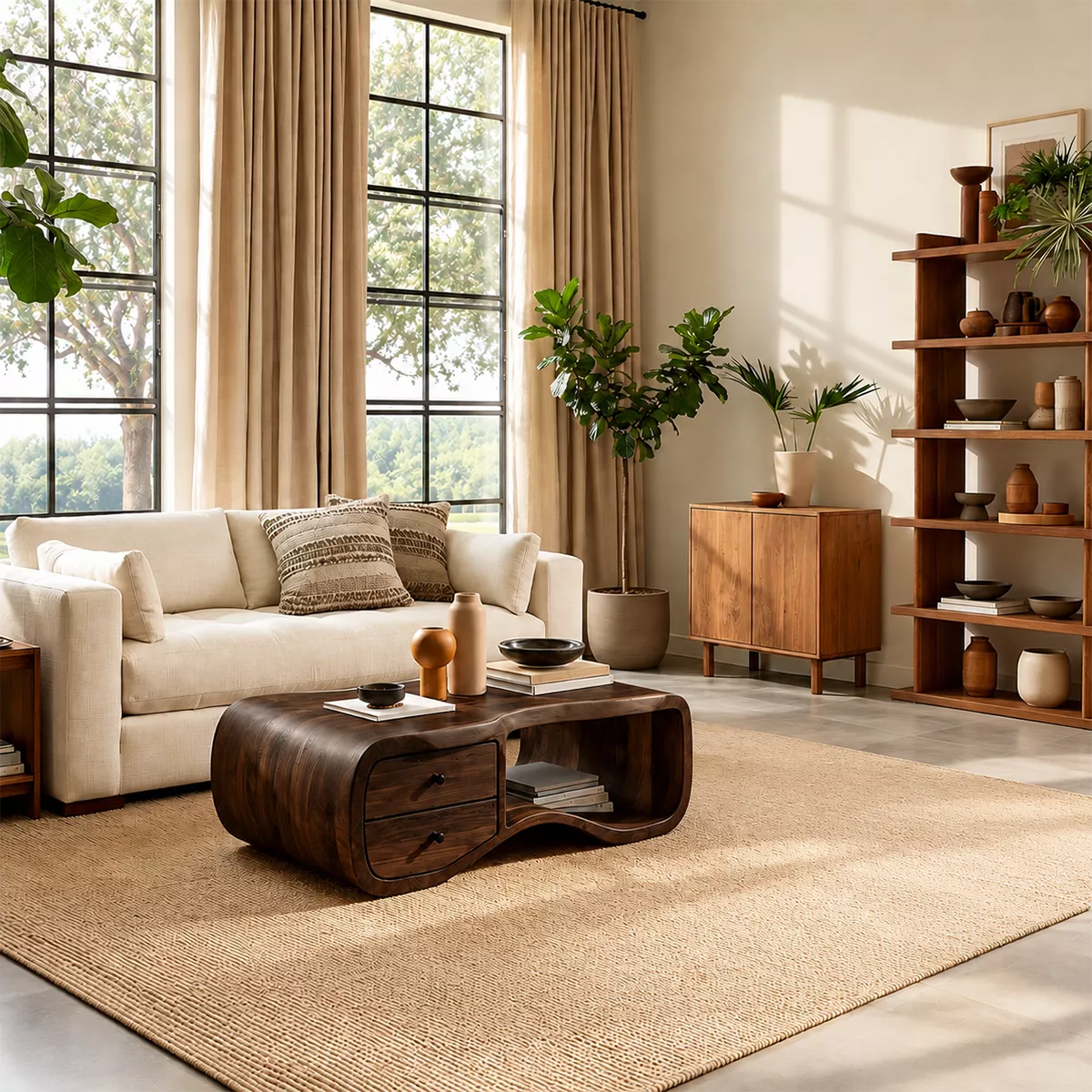 Curved Solid Wood Coffee Table With Double Storage Drawers Open Shelf And Rounded Waterfall Sides For Modern Living Room - Livewoodcraft - 4