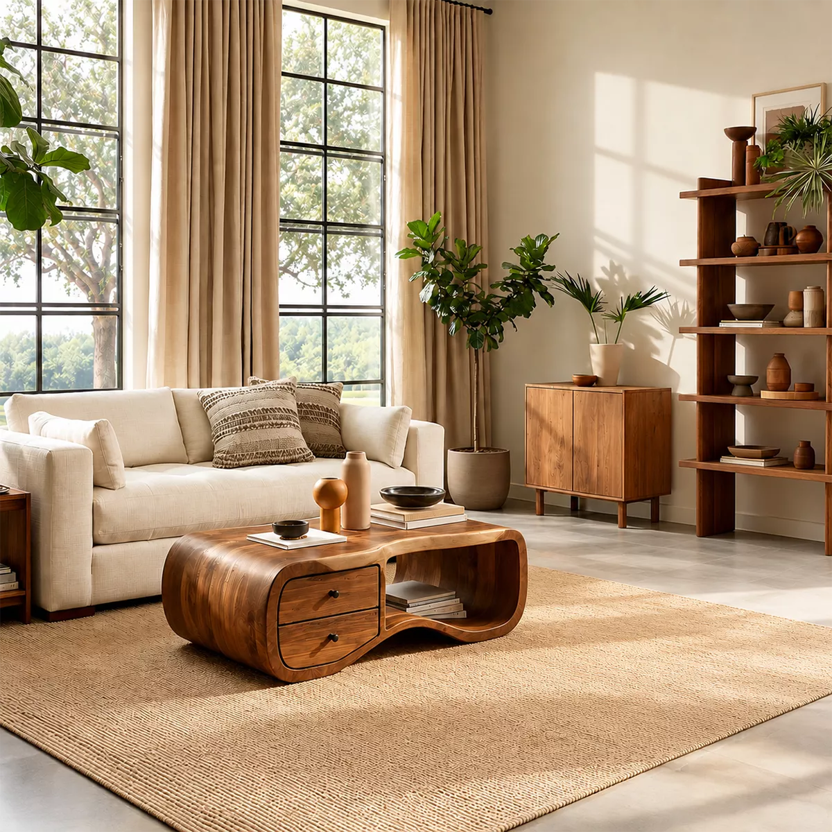 Curved Solid Wood Coffee Table With Double Storage Drawers Open Shelf And Rounded Waterfall Sides For Modern Living Room - Livewoodcraft - 5
