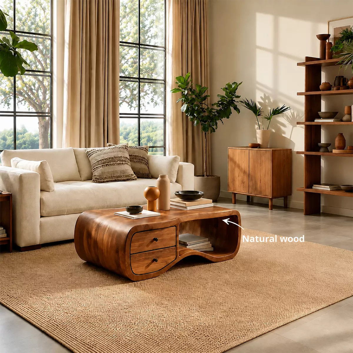 Curved Solid Wood Coffee Table With Double Storage Drawers Open Shelf And Rounded Waterfall Sides For Modern Living Room - Livewoodcraft - 6