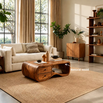 Curved Solid Wood Coffee Table With Double Storage Drawers Open Shelf And Rounded Waterfall Sides For Modern Living Room - Livewoodcraft - 6