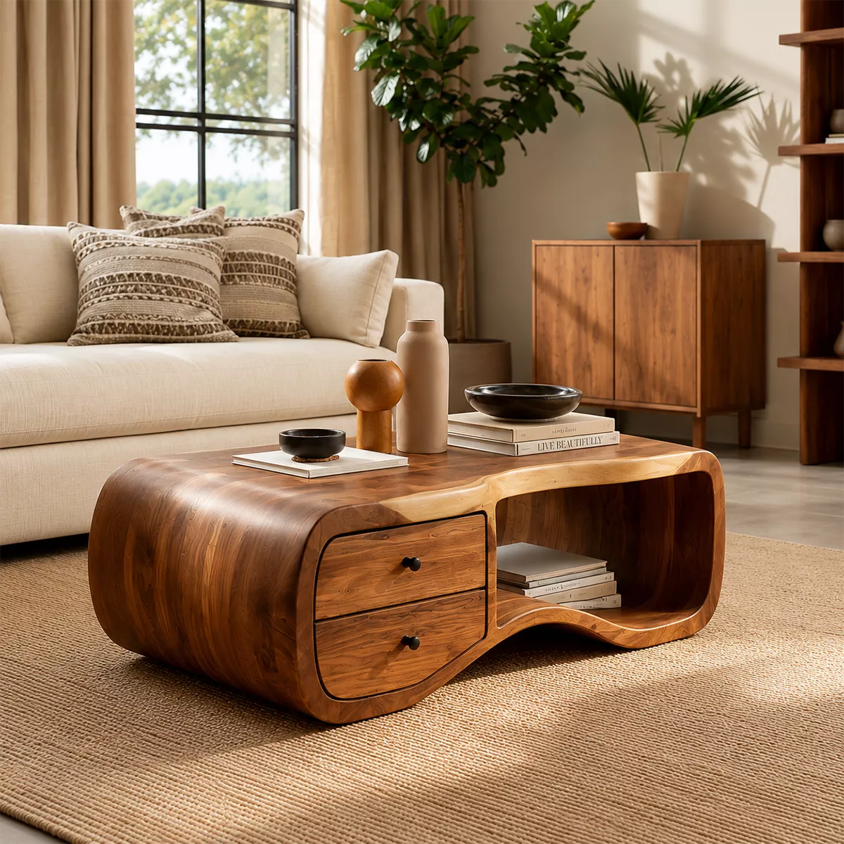 Curved Solid Wood Coffee Table With Double Storage Drawers Open Shelf And Rounded Waterfall Sides For Modern Living Room - Livewoodcraft - 7