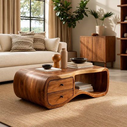 Curved Solid Wood Coffee Table With Double Storage Drawers Open Shelf And Rounded Waterfall Sides For Modern Living Room - Livewoodcraft - 7