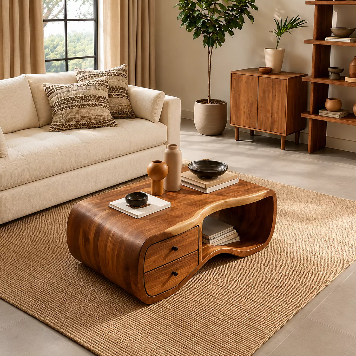 Curved Solid Wood Coffee Table With Double Storage Drawers Open Shelf And Rounded Waterfall Sides For Modern Living Room - Livewoodcraft - 8