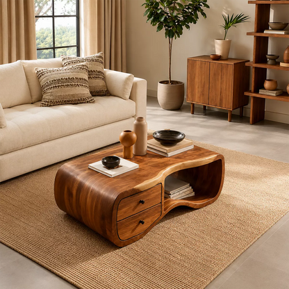 Curved Solid Wood Coffee Table With Double Storage Drawers Open Shelf And Rounded Waterfall Sides For Modern Living Room - Livewoodcraft - 8