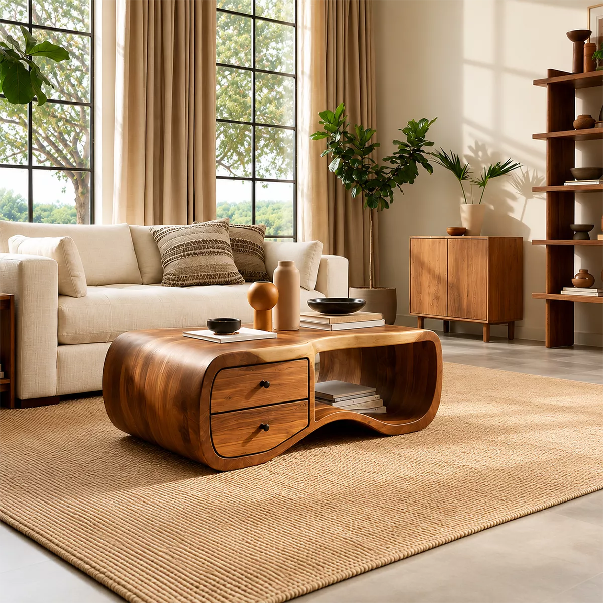 Curved Solid Wood Coffee Table With Double Storage Drawers Open Shelf And Rounded Waterfall Sides For Modern Living Room - Livewoodcraft - 9