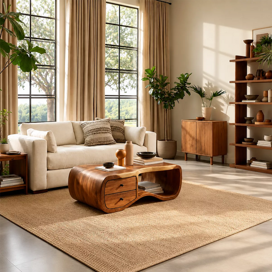 Curved Solid Wood Coffee Table With Double Storage Drawers Open Shelf And Rounded Waterfall Sides For Modern Living Room - Livewoodcraft