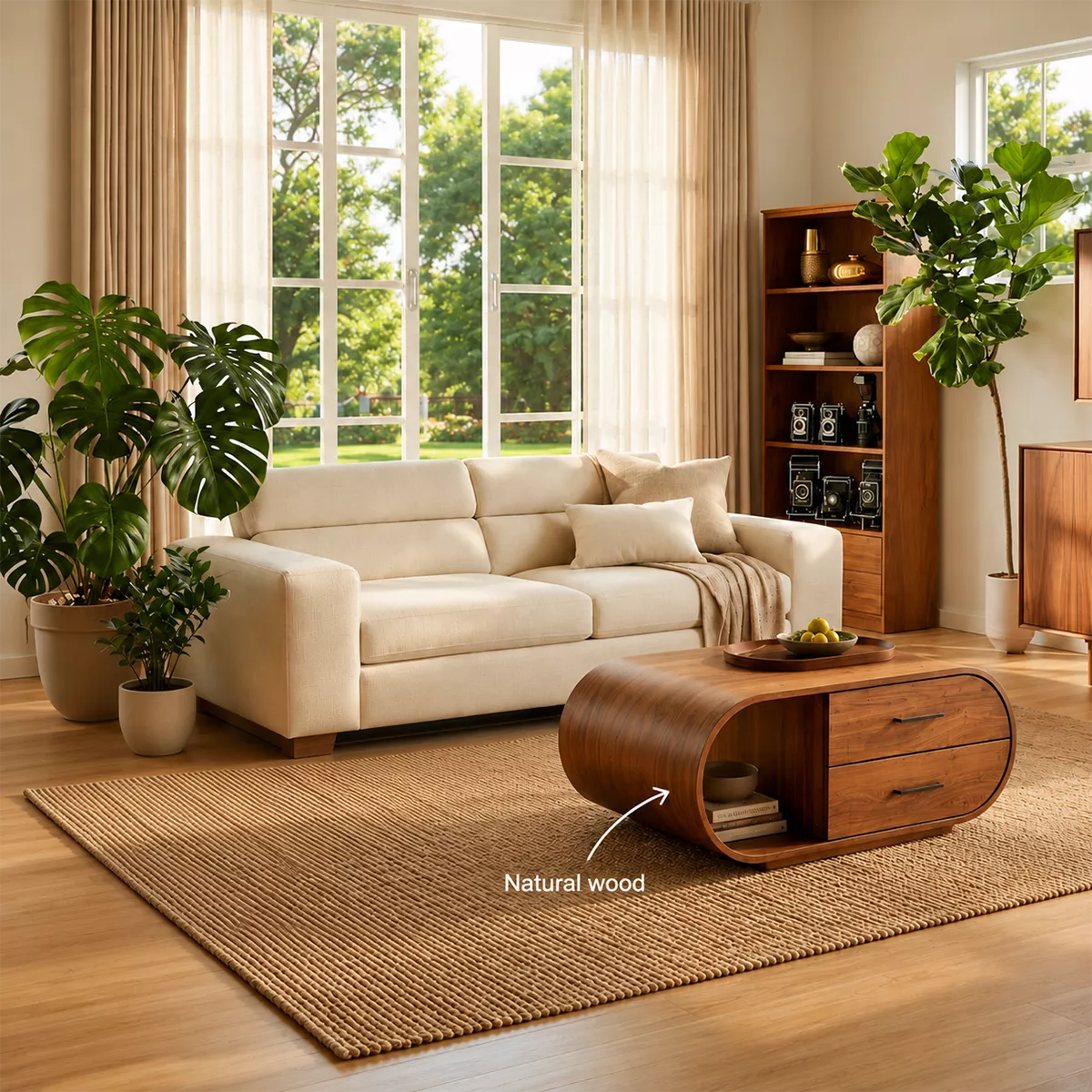 Curved Solid Wood Coffee Table With Drawers And Open Shelf - Livewoodcraft - 10