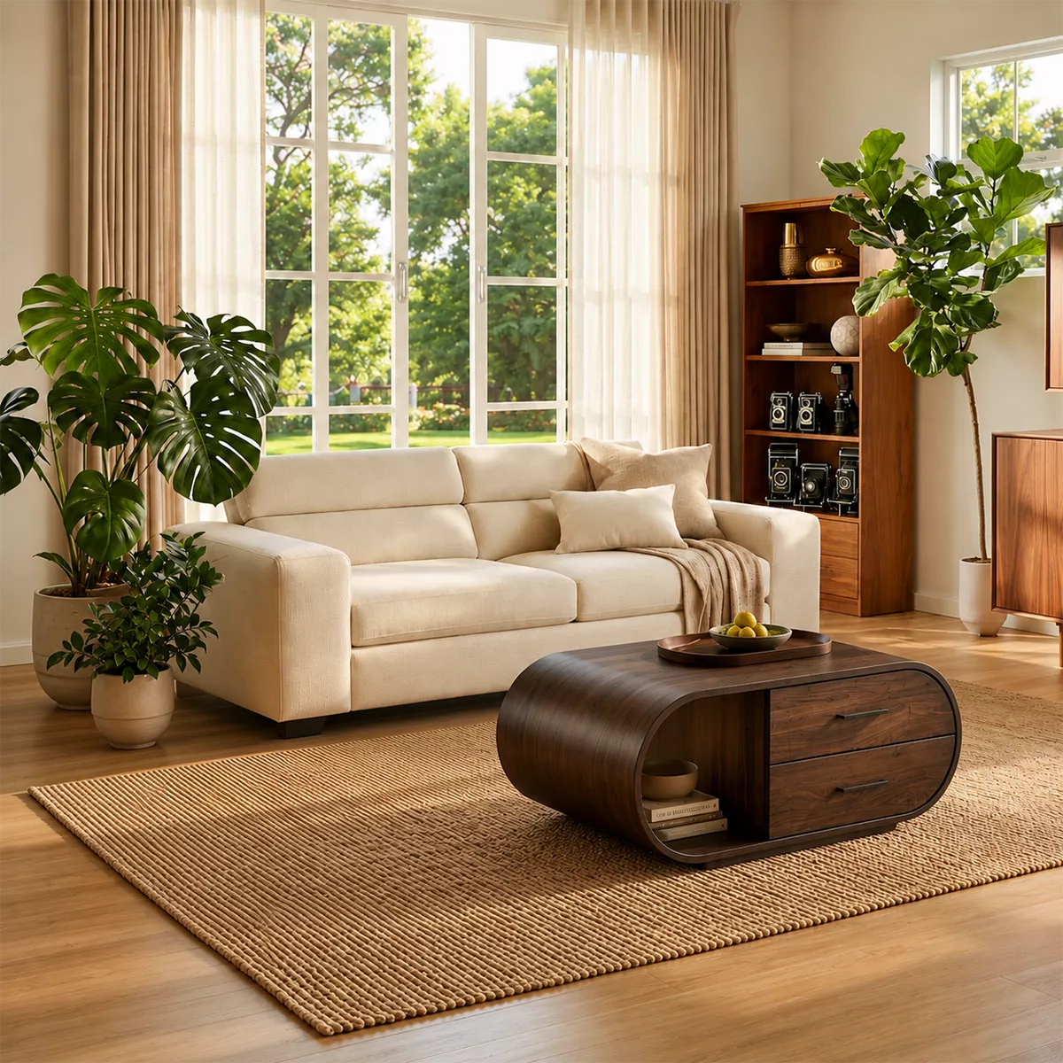 Curved Solid Wood Coffee Table With Drawers And Open Shelf - Livewoodcraft - 2
